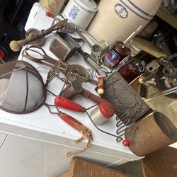 Antique Farmhouse Kitchen Lot – Crocks, Utensils, Grater, Primitive Decor