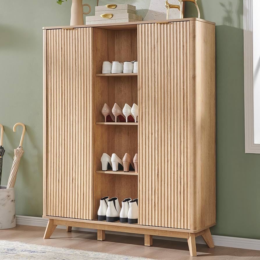 Fluted Shoe Storage Cabinet with 2 Sliding Doors, 6-Tier Adjustable Shelves, 60" Tall Freestanding Shoe Organizer for Entryway, Hallway - Na
