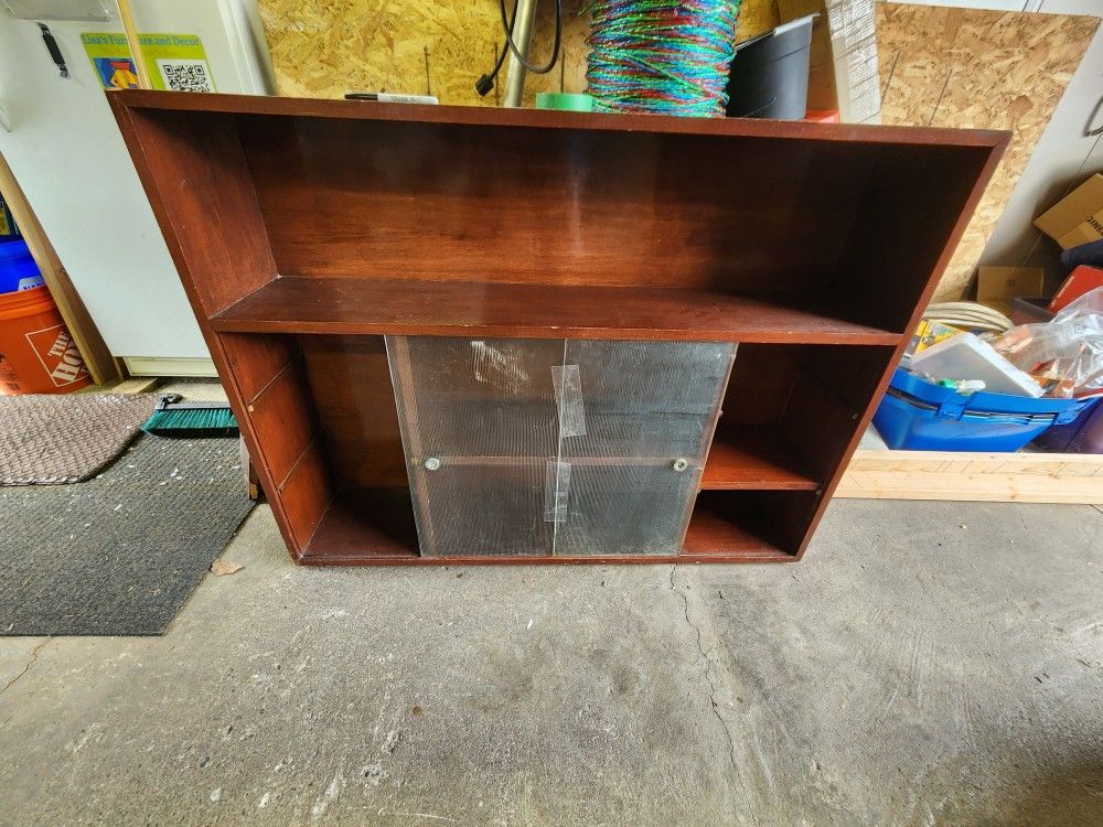 MCM solid Wood shelving room divider Bookcase with frosted glass slider doors