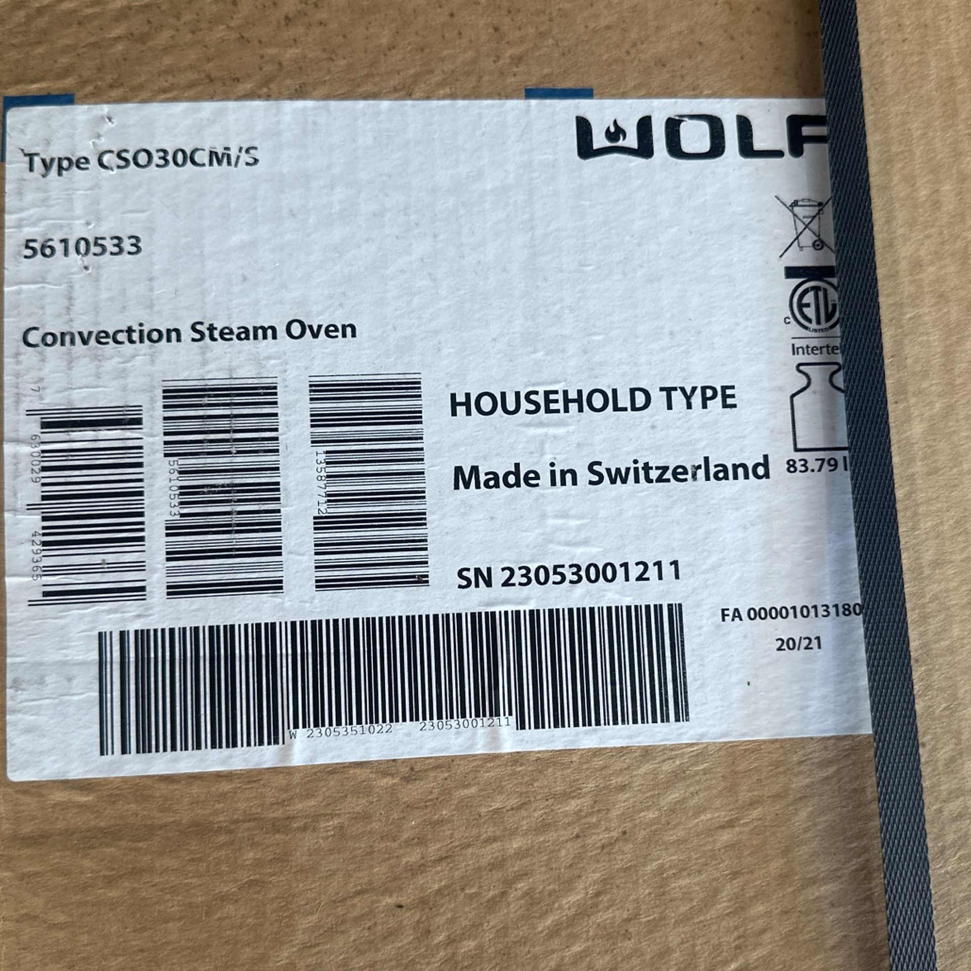 $1999- ONE LEFT - NEW WOLF CONVECTION STEAM OVEN - CANOGA PARK LOCATION ONLY