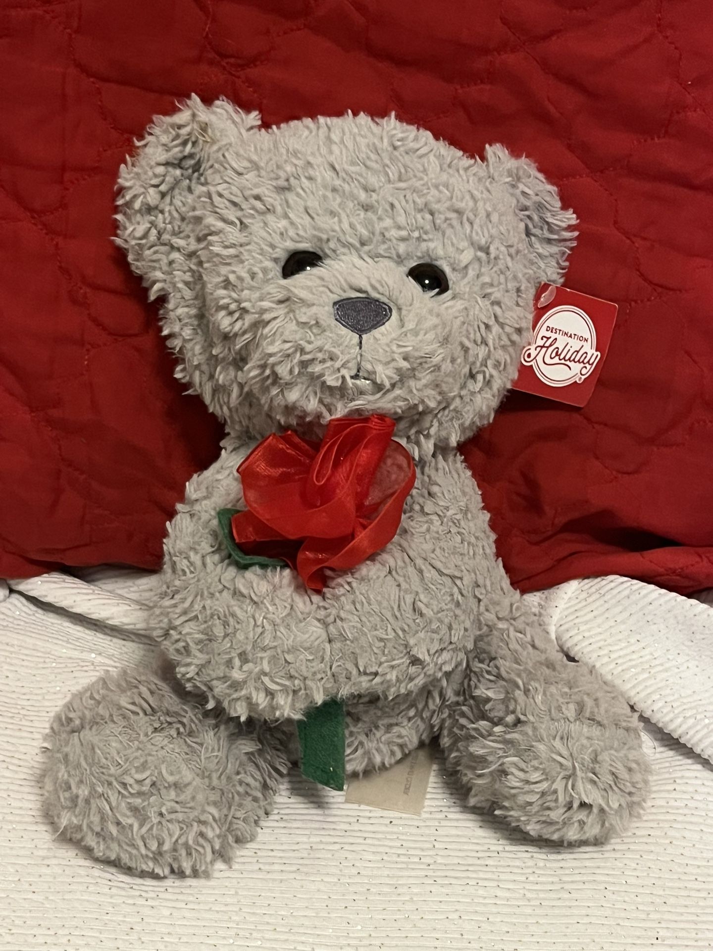 Destination Holiday Grey Bear With Flower 9”