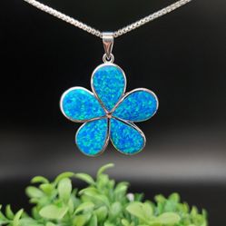 Big Blue Opal Inlay Flower Necklace Pendant | Sterling Silver Fire Opal Flower Pendant | Inlay Blue Opal Pendant | 