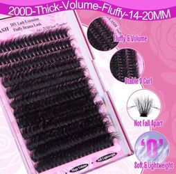 Fluffier Lash Extension Kit Thick 200D Volume Eyelash Extension Kit 14-20mm Wispy Lash Clusters Kit D Curly Individual Lashes with Bond and Seal lash