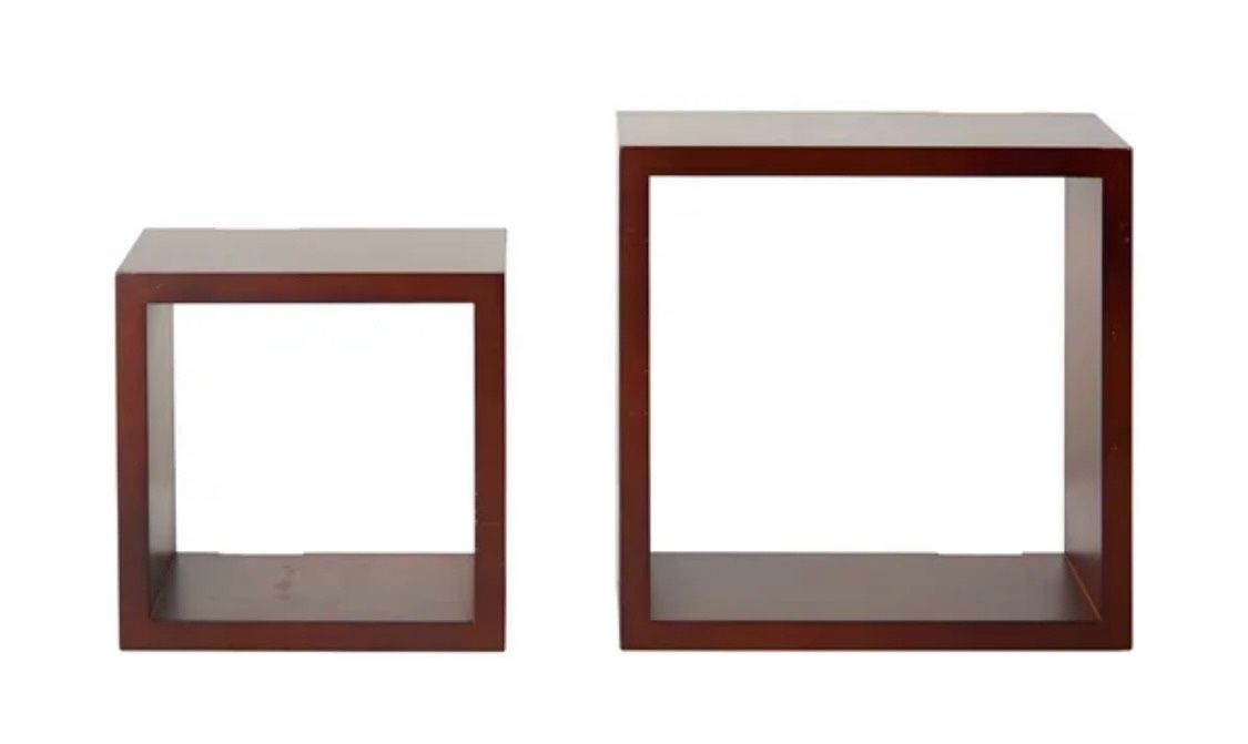 Our price: $16 EACH + Sales tax. {SET of TWO} Piketon 2 piece square floating shelves. Overall large: 8” H x 4” W x 8” D. Overall small: 6” H x 2” W x