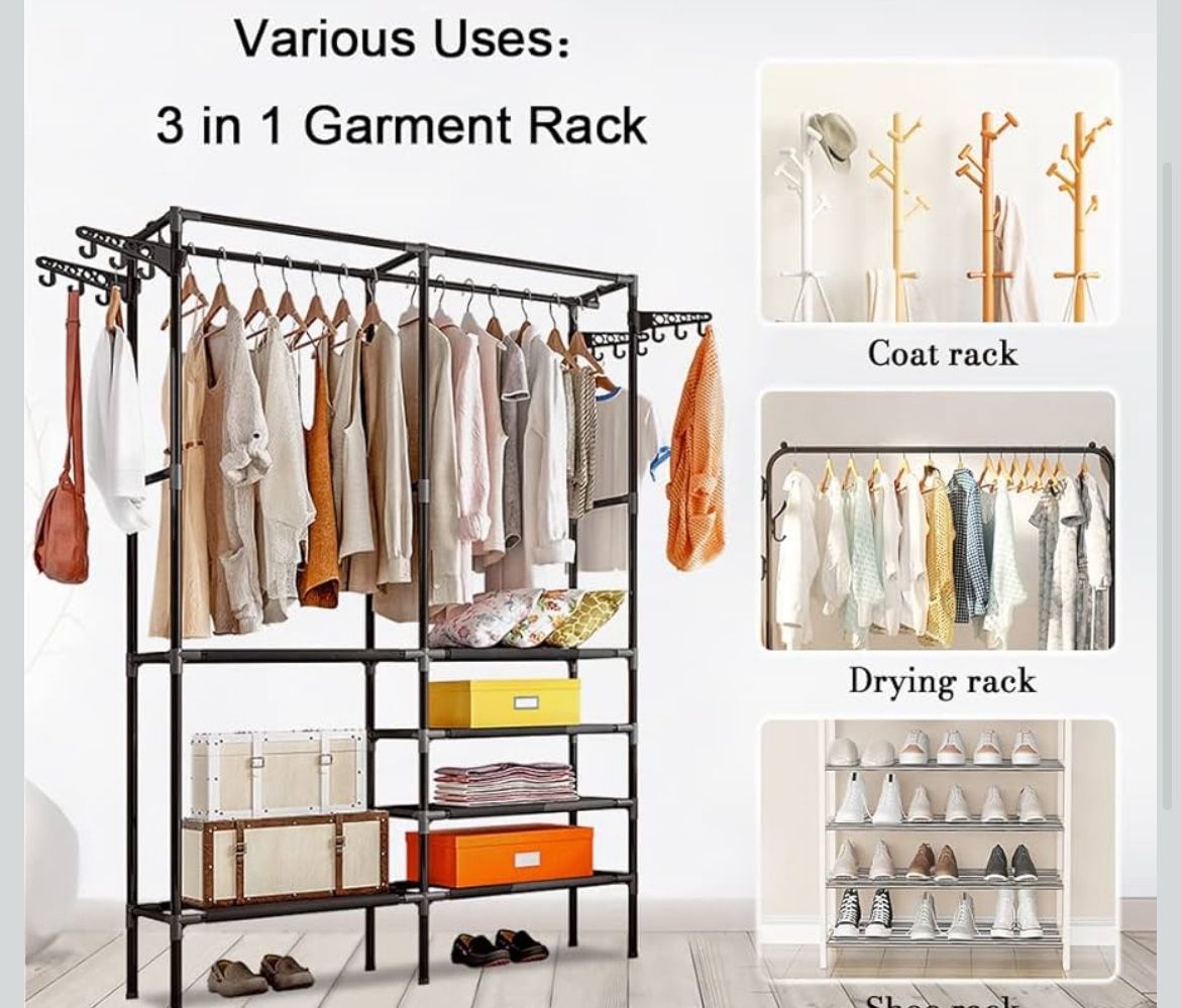 STONCEL 5-Tiers Metal Garment Rack, Heavy Duty Clothing Rack Wardrobe Closet with Shelves and 4 Side