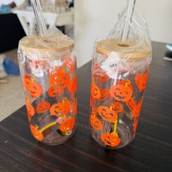Pumpkin Glass Cup With Straw! Brand New! 