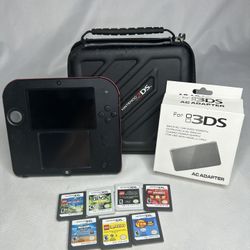 Nintendo 2DS Red & Black System Bundle W/ Games, Case & Memory Card - NO STYLUS