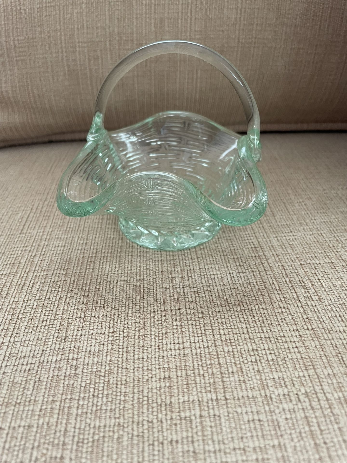 Small Vintage Mint Green Glass Basket in Original Box
