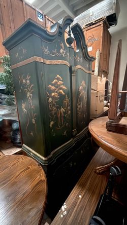 Chinoiserie Hand-Painted Green Armoire Cabinet