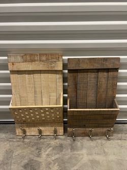 Rustic Wood Wall Organizers with Hooks – Set of 2