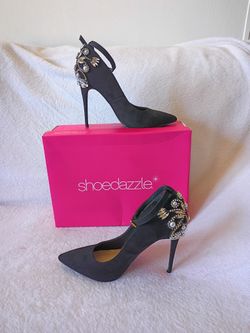 ShoeDazzle Black Suede Jewel Pearl Ankle Strap Stiletto High Heel Size 7 Women 