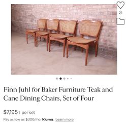 Finn Juhl for Baker Furniture Teak and Cane Dining Chairs, Set of Four