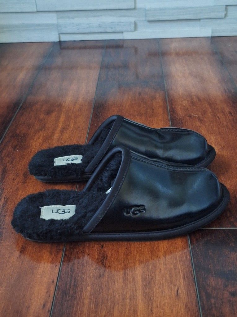 WOMENS 6 BLACK UGG PEARLE IRIDESCENT LEATHER SCUFF SLIPPERS 1153630