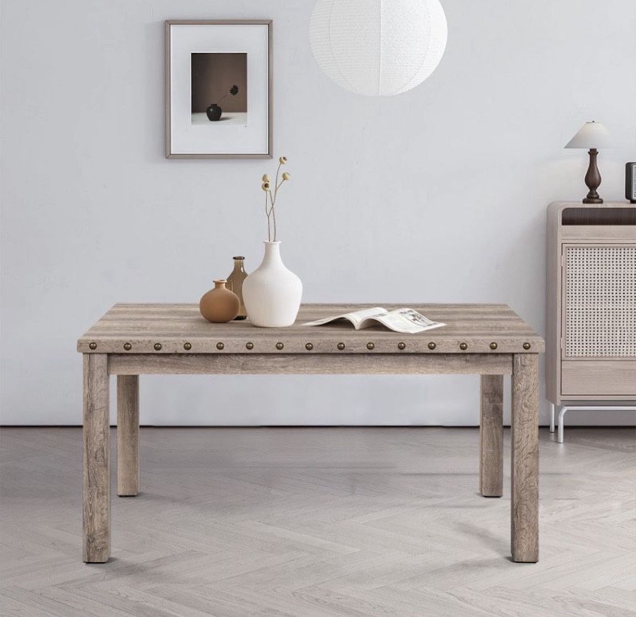 Rustic Farmhouse Dining Table, Rectangular Kitchen Table with Wood Legs, Nailhead Accents, Charming Dining Hub for Kitchen or Breakfast Nook