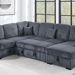 4pcs Sectional Sofa w/storage chaise,pulloutbed & usb connection