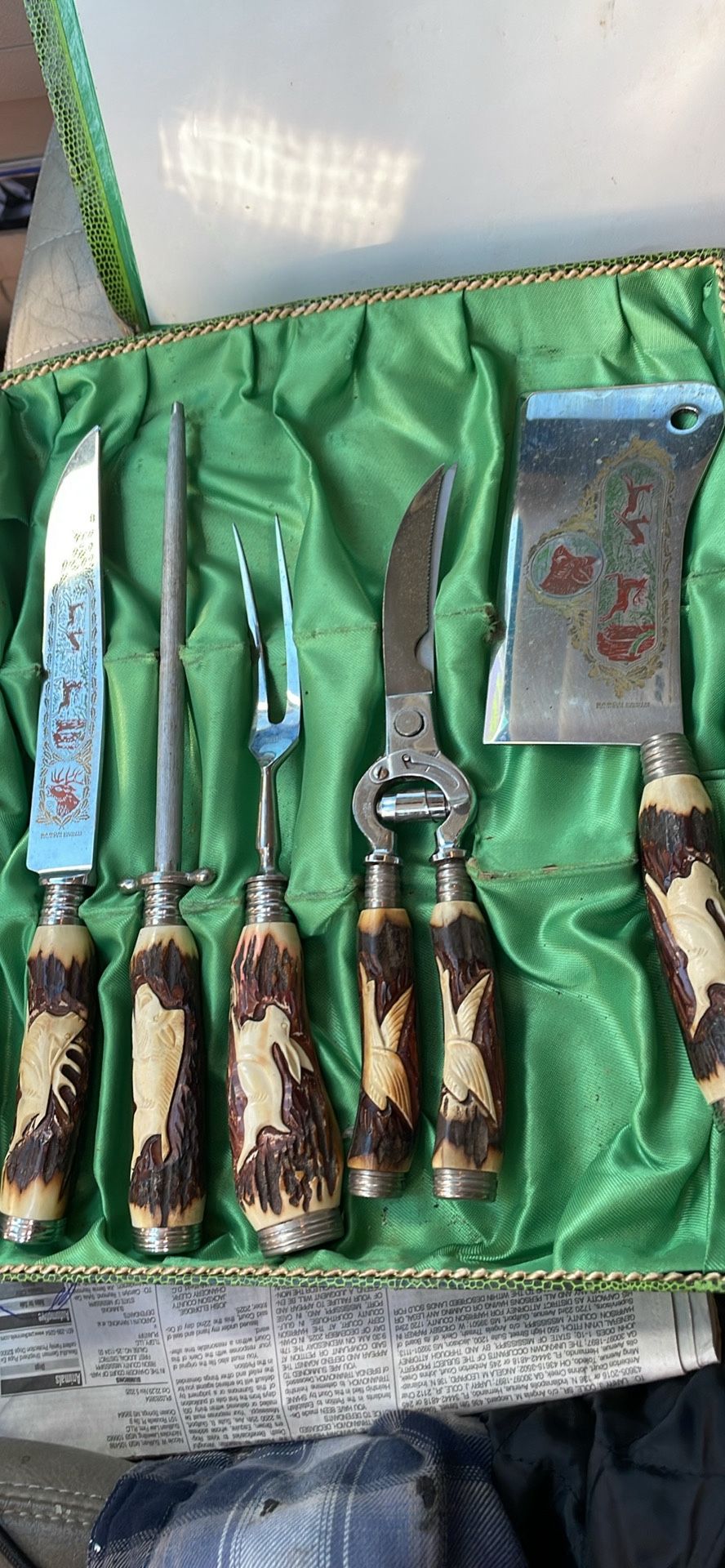 1950 Carved Knife Set Carved Deer Horns With Designs Carved In Handles 1950s 