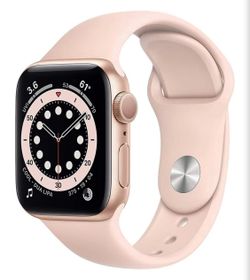 Apple Watch Series 6 (GPS + Cellular, 40mm) - Gold Aluminum Case with Pink Sand Sport Band (Renewed) & charging station