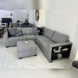 boucle fabric sectional sofa with ottoman