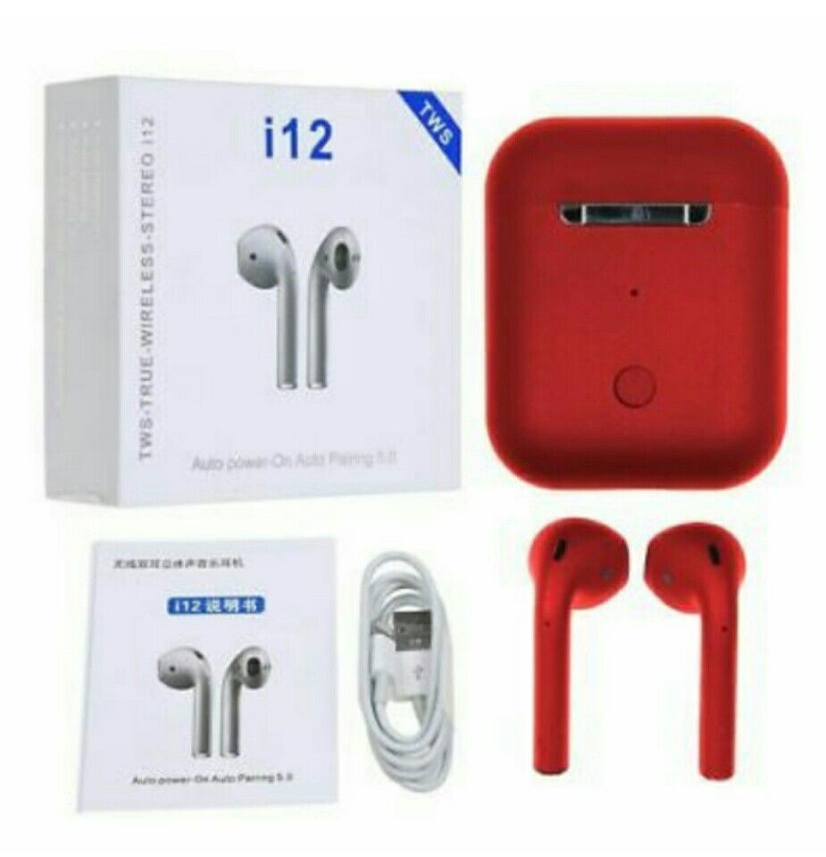 1 Box of i12 Red w1 chip & Touch Control New Wireless Earbuds, Charging Case and Charger for Airpods Compatible with Android and Apple