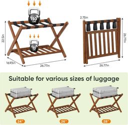 Set of 2 Smart FENDEE Fully Assembled Walnut Luggage Racks, Foldable Suitcase Stand with Storage Shelf, Bamboo Luggage Holders for Guest Room, Bedroom