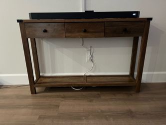 Console Sofa Table, Narrow Entryway Table with 3 Drawers, Open Storage Shelf, Metal Corners, for Living Room, Farmhouse Style, Honey Brown