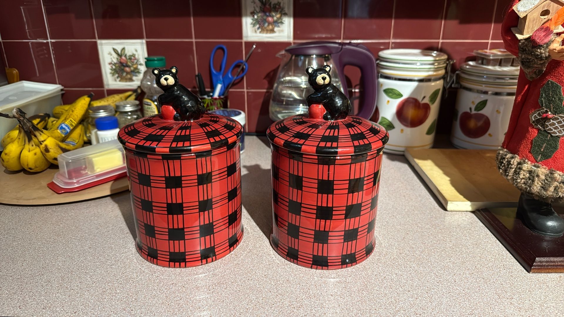 Cute Red & Black Jars With Lids..bears In Top $10 Each Or Both For $15