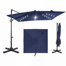 10 FT Cantilever Patio Umbrella with Solar LED Lights for Pool and Garden-Blue
