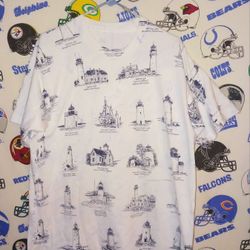 Vintage Vntg 1990s Art Unlimited All Over Print AOP Massachusetts Light Houses Graphic Tee Shirt