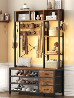 39.4" Hall Tree with Bench and Shoe Storage, Entryway Bench with Coat Rack