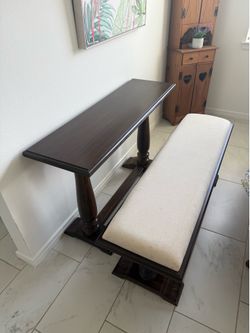 Dark Wood Console Table with Matching Upholstered Bench