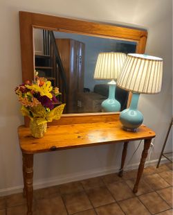Pine Wood Console Table with Mirror