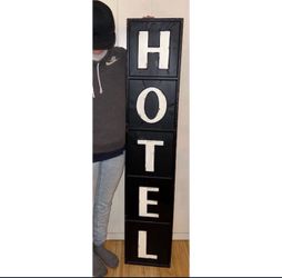 NEW Huge Hotel Metal Sign Embossed 59” x 12” Large Tall Sign Dark Blue Rustic Vintage Style Hanging  Farm Ranch Room Decor