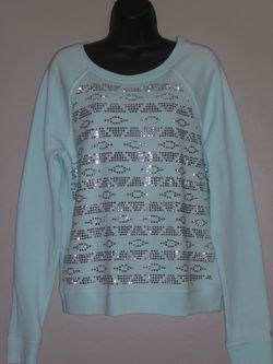 VICTORIA'S SECRET PINK SWEATSHIRT AZTEC STUDDED RHINESTONES LIGHT AQUA BLUE MEDIUM