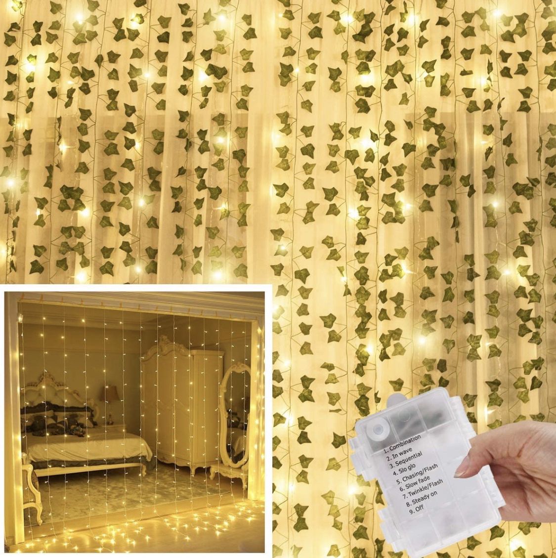 KASZOO 12 Pack Artificial Ivy Leaf Plants with 240 LED Window Curtain String Lights, Fake Plants Vine Hanging Garland, Hanging for Wall Party Wedding