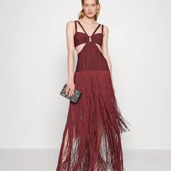 HERVÉ LÉGER STRAPPY FRINGE GOWN WITH CUT OUT MAHOGANY