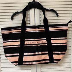 Victoria’s Secret Black and Pink Stripe Zippered Tote Bag - VGUC