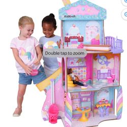 KidKraft Candy Castle Wooden Dollhouse with 28 Accessories, Ages 4 & up  Features 3 levels with 7 playgrounds, including a shop, bathroom, bedroom and