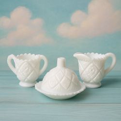 Westmoreland 1950s Thumbelina Miniature Milk Glass Creamer, Sugar & Butter Dish