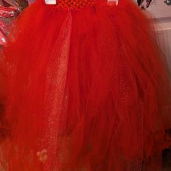 Little Girl Long Red Tutu And Clip On Veil