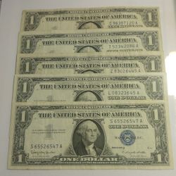 Set Of (5) $1 Dollar Blue Silver  To Collect