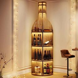 75" Wine Rack With Shelves, Round Wine Cabinet With Hanging Goblet Holder (No Lights)
