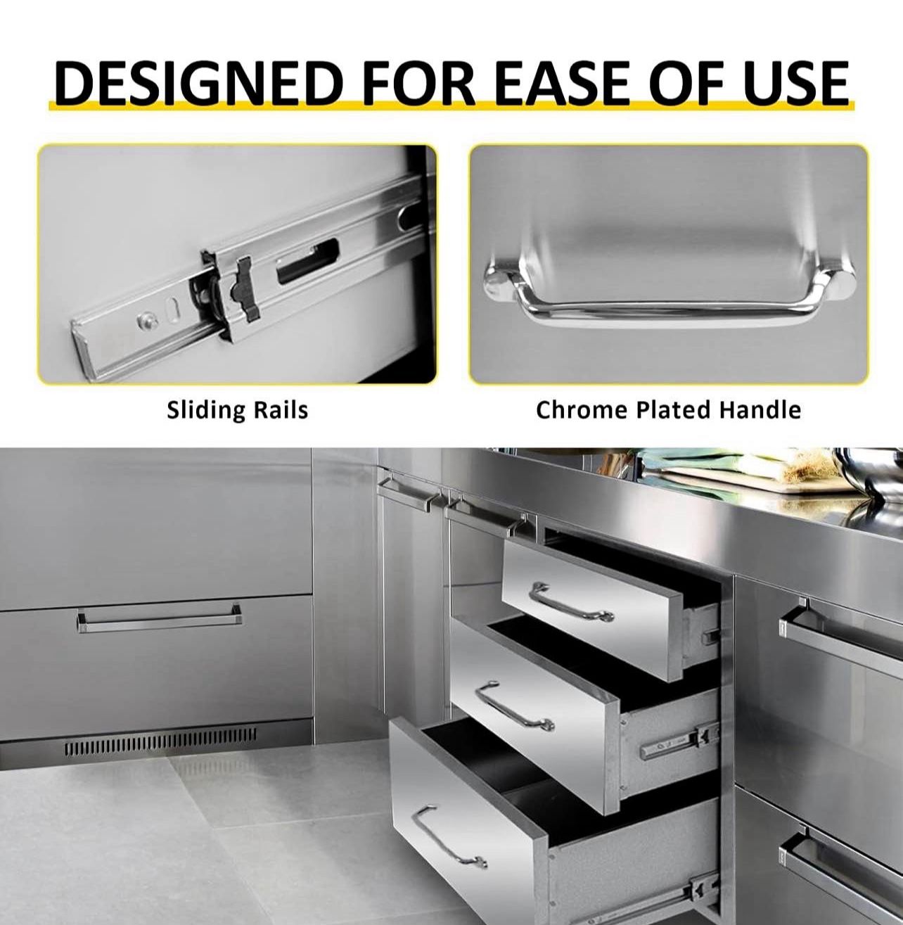 Outdoor Kitchen Drawers 18" W x 21" H x 23" D Flush Mount Triple BBQ Drawers with Chrome Handle Stai