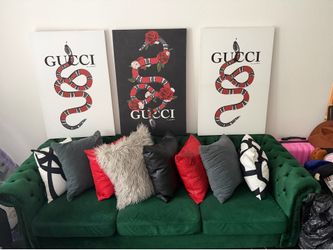Couches, pillows, and canvas picture frames