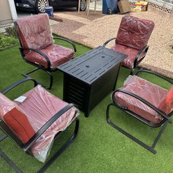 Fire Pit & Outdoor Metal Chairs W Cushions 