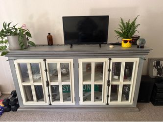 Distressed grey/white window pane cabinet