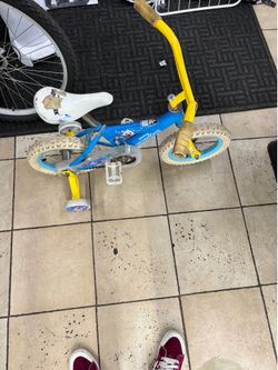 Blue and yellow baby shark kids bicycle with training wheels