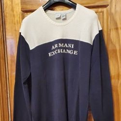 ARMANI EXCHANGE MEN S SWEATER SIZE XL Vintage Crewneck Ribbed neckline cuffs hem Brand name sign on front BEIGE NAVY Made in Hong Kong 60 Cotton