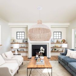 24in. 1-Light Bulb 2-Tone Hand-Woven Rattan Pendant Light, White & Natural Basket Shape.