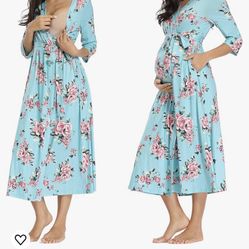 JK Unicorn Women's Long Floral Maternity Robes, Enough Bump Wrap, Lightweight Labor and Delivery Nursing Robe-Hospital Bag Must Have