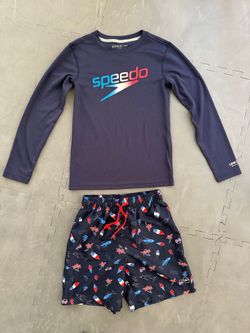 Boys Speedo Rash Guard & Swim Trunks Set (Size L 14/16)